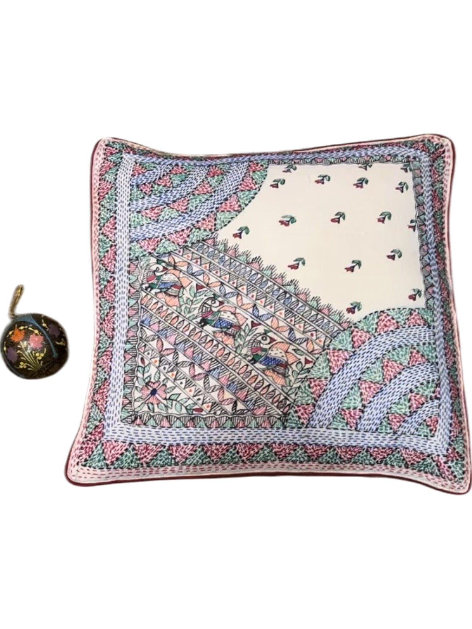 MADHUBANI AND SUJANI FLORA & FAUNA HAND-CRAFTED CUSHION COVER